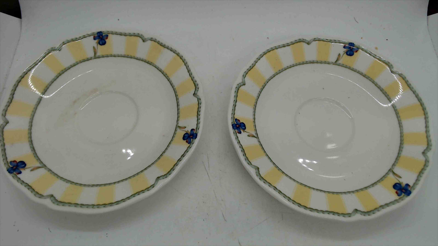 Noritake Homecraft Summer Estate Saucers – Set of 2 – Pattern 9212 – Yellow Stripe Blue Floral