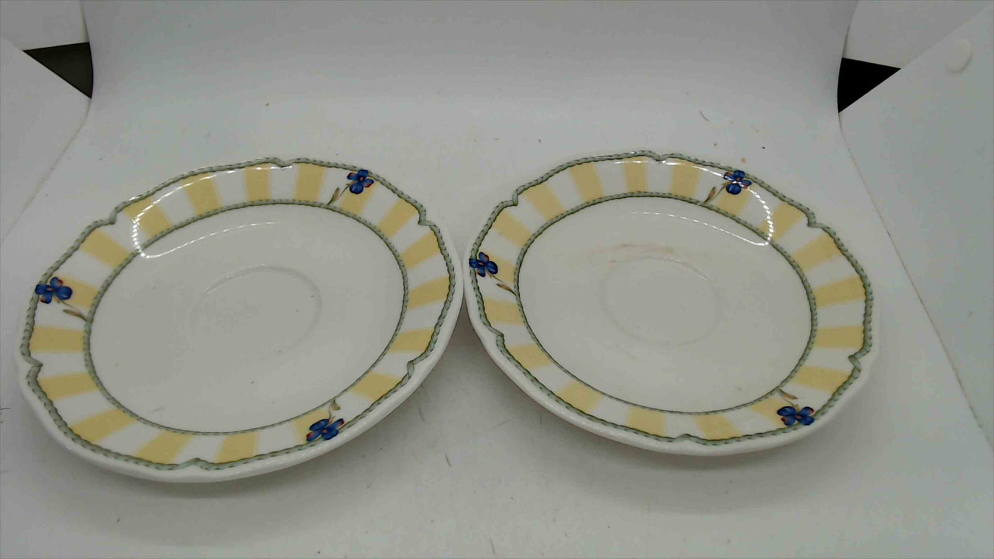 Noritake Homecraft Summer Estate Saucers – Set of 2 – Pattern 9212 – Yellow Stripe Blue Floral