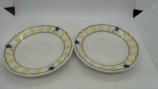 Noritake Homecraft Summer Estate Saucers – Set of 2 – Pattern 9212 – Yellow Stripe Blue Floral