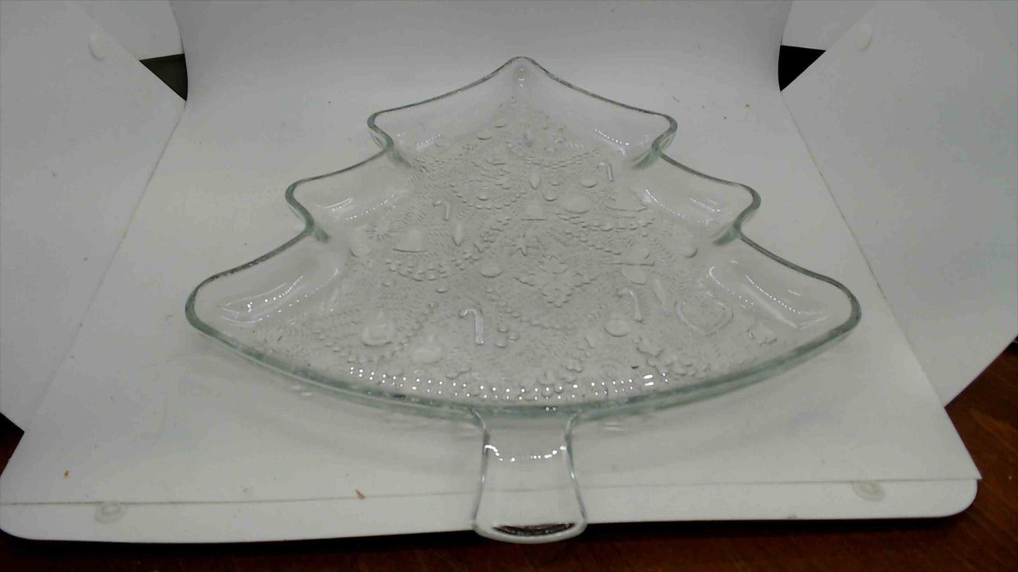 Vintage Clear Glass Christmas Tree Serving Platter – Embossed Holiday Motifs – 13.5" – Cookie Tray