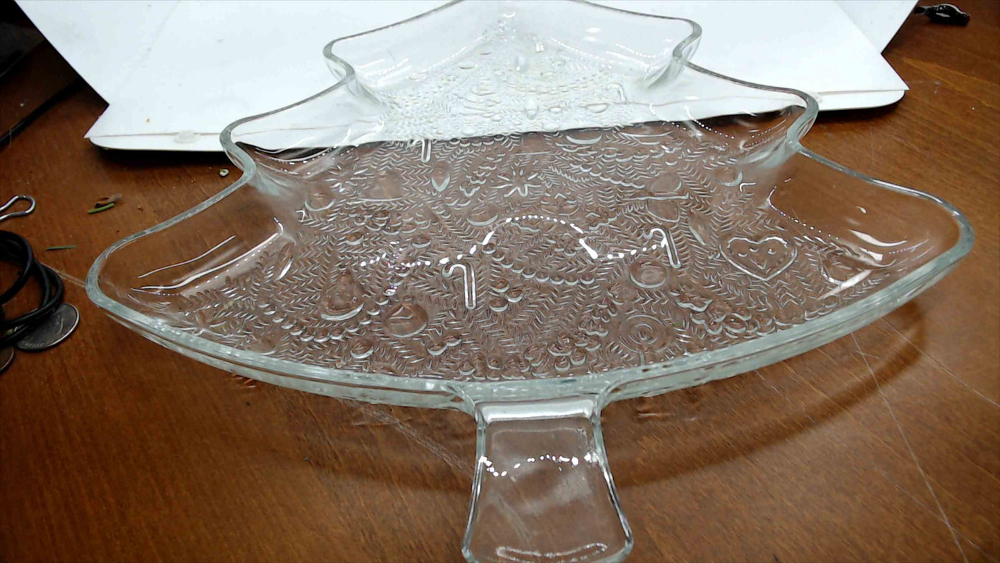 Vintage Clear Glass Christmas Tree Serving Platter – Embossed Holiday Motifs – 13.5" – Cookie Tray