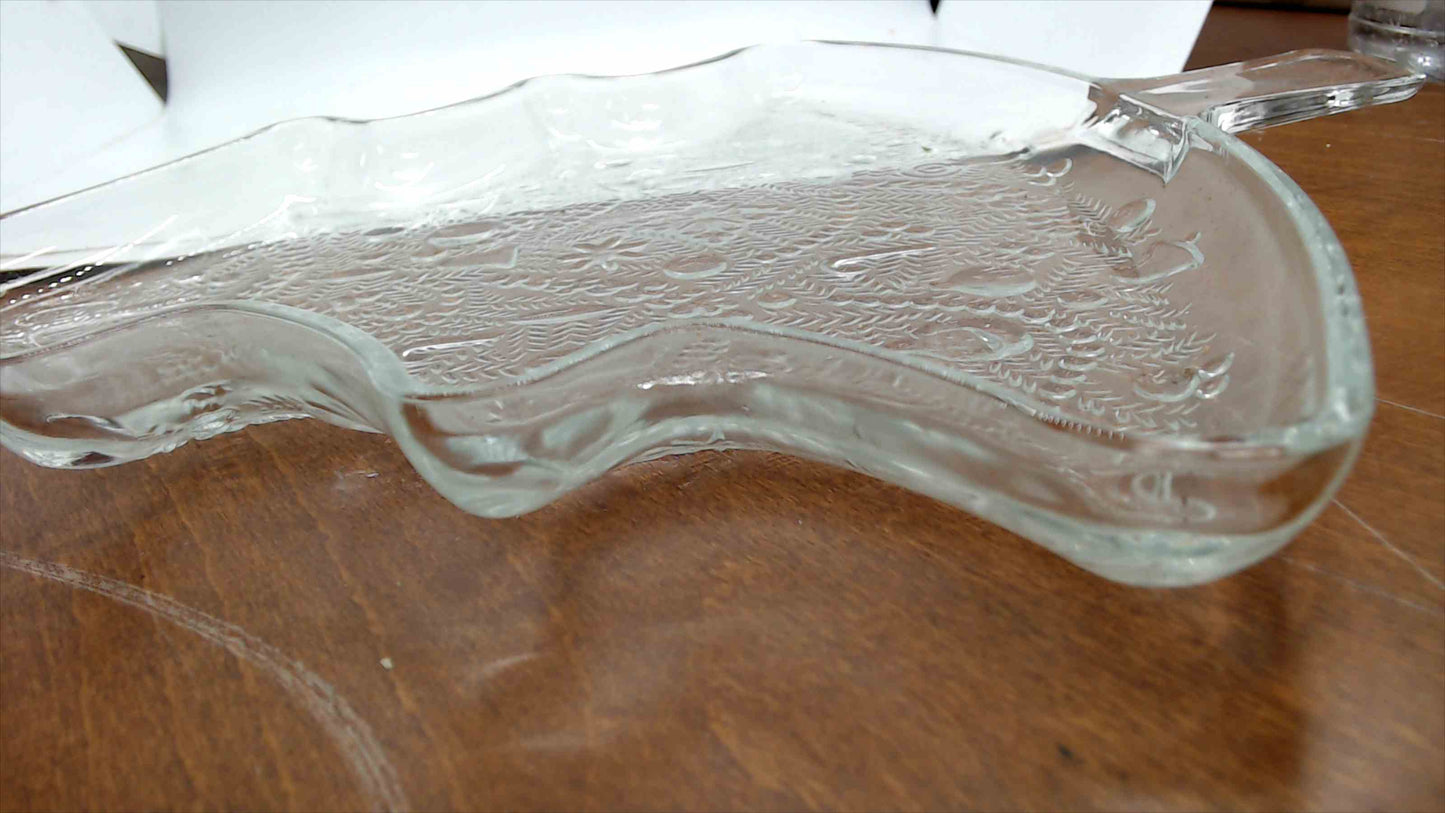 Vintage Clear Glass Christmas Tree Serving Platter – Embossed Holiday Motifs – 13.5" – Cookie Tray