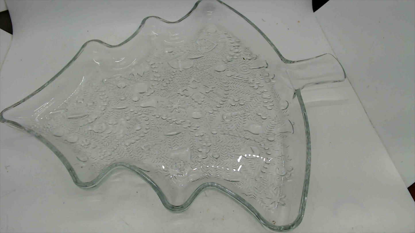 Vintage Clear Glass Christmas Tree Serving Platter – Embossed Holiday Motifs – 13.5" – Cookie Tray