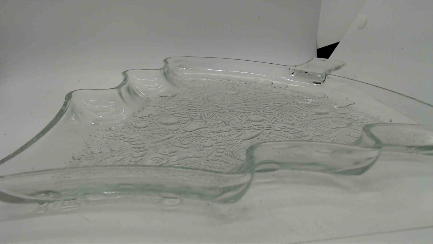 Vintage Clear Glass Christmas Tree Serving Platter – Embossed Holiday Motifs – 13.5" – Cookie Tray
