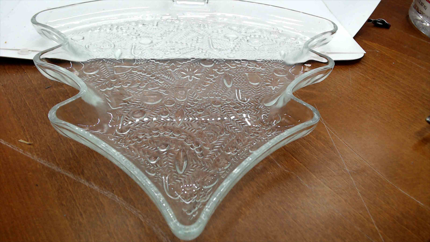 Vintage Clear Glass Christmas Tree Serving Platter – Embossed Holiday Motifs – 13.5" – Cookie Tray