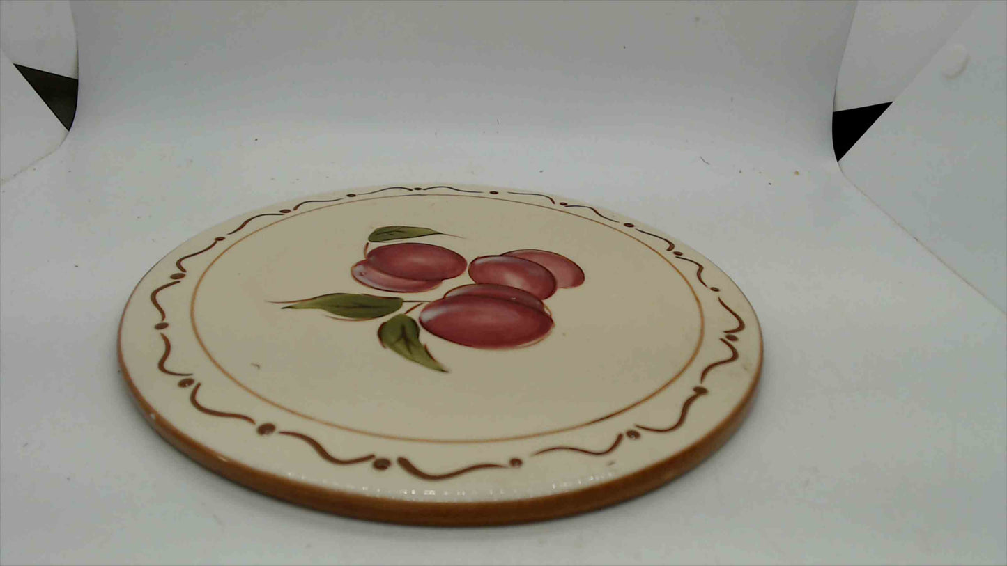 Around the Orchard Home China Plum Trivet – Ceramic Tile, Cream Glaze, Brown Scroll Border – 8"