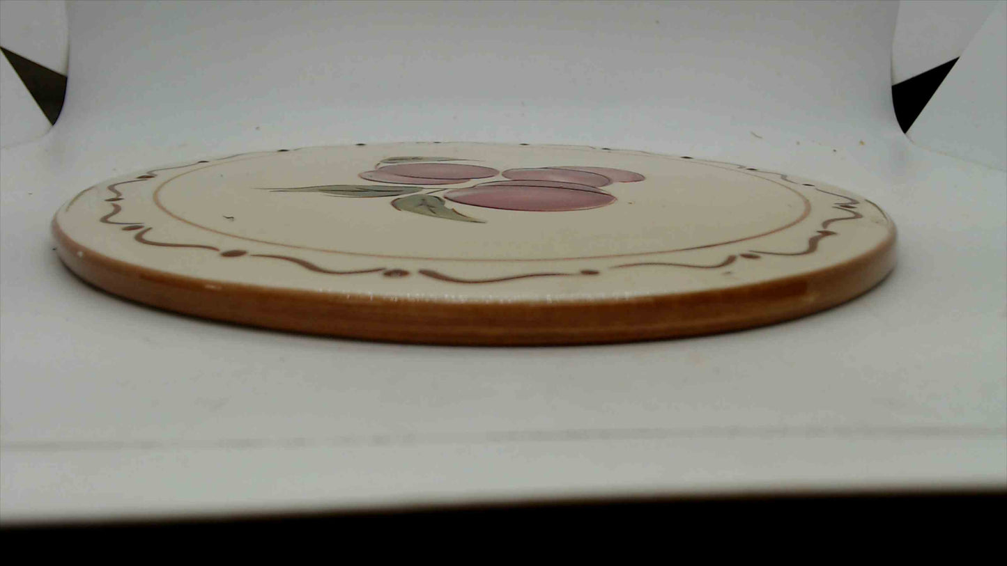 Around the Orchard Home China Plum Trivet – Ceramic Tile, Cream Glaze, Brown Scroll Border – 8"