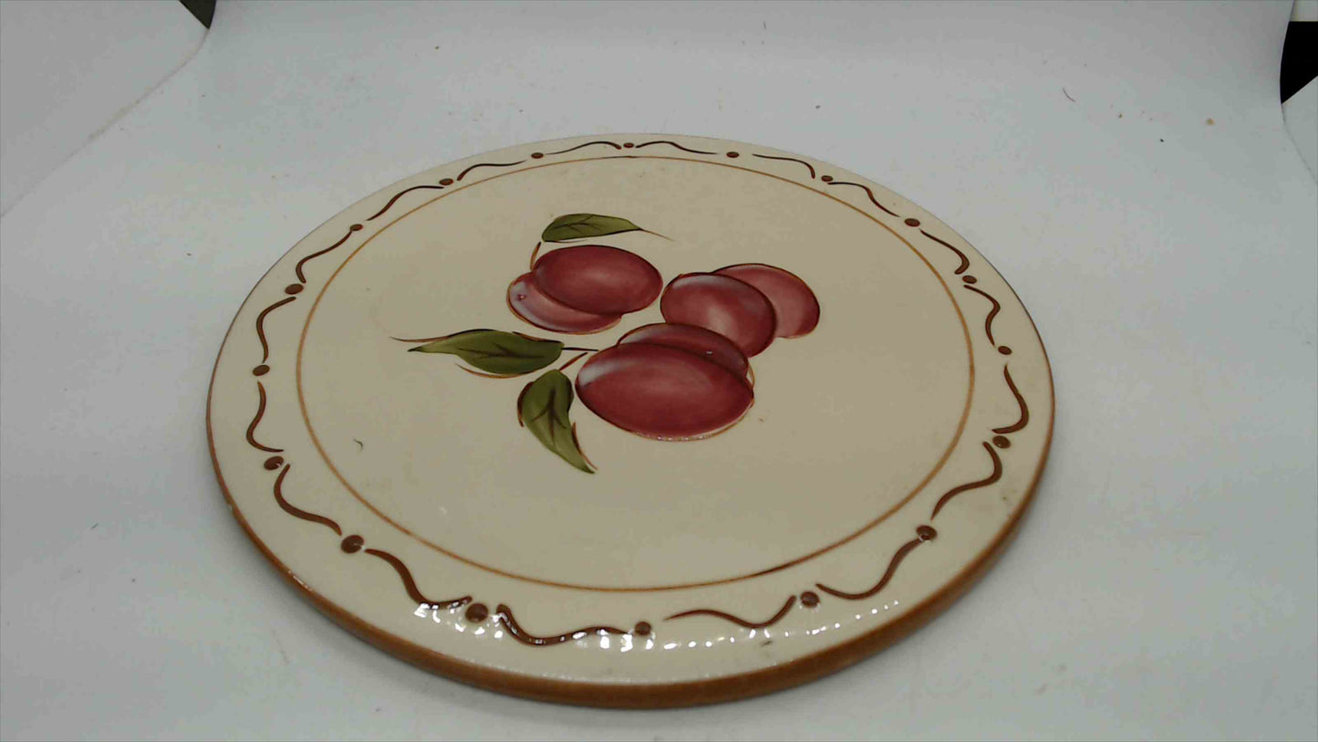 Around the Orchard Home China Plum Trivet – Ceramic Tile, Cream Glaze, Brown Scroll Border – 8"