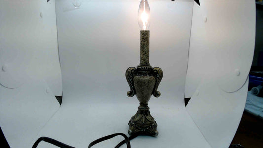 Vintage Ornate Resin Candelabra Accent Lamp – Antiqued Brass-Tone Urn, Scrolled Handles – 10" – Hollywood Regency