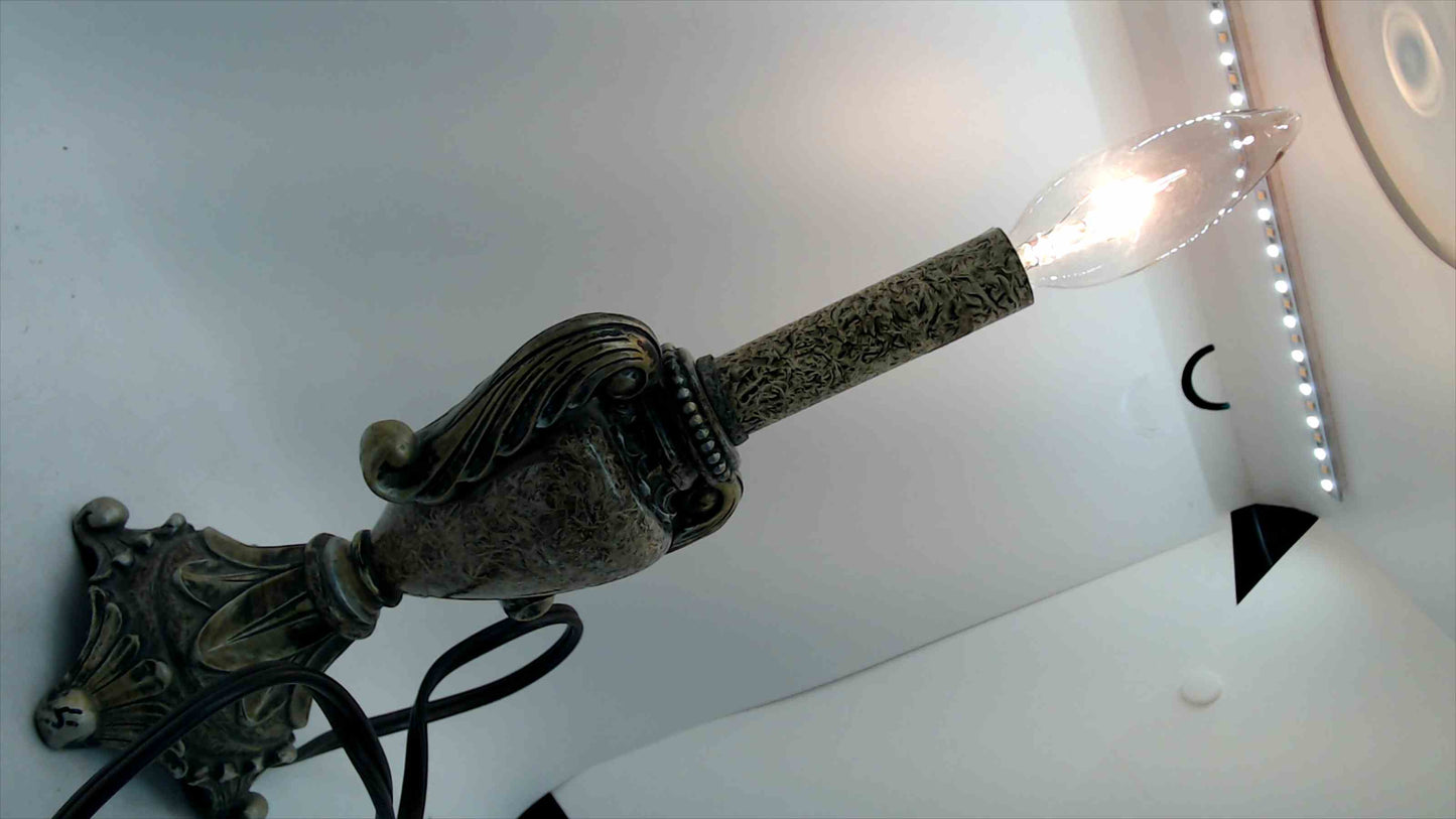 Vintage Ornate Resin Candelabra Accent Lamp – Antiqued Brass-Tone Urn, Scrolled Handles – 10" – Hollywood Regency