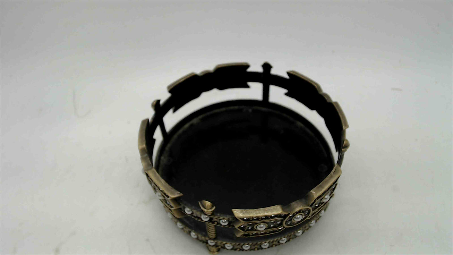Decorative Black Lacquer & Brass-Tone Ring Dish with Rhinestone & Pearl Bead Surround — 4" Wide