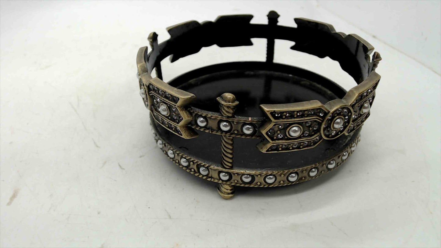 Decorative Black Lacquer & Brass-Tone Ring Dish with Rhinestone & Pearl Bead Surround — 4" Wide
