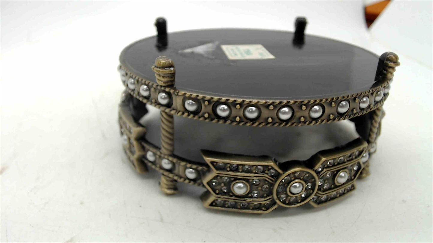 Decorative Black Lacquer & Brass-Tone Ring Dish with Rhinestone & Pearl Bead Surround — 4" Wide