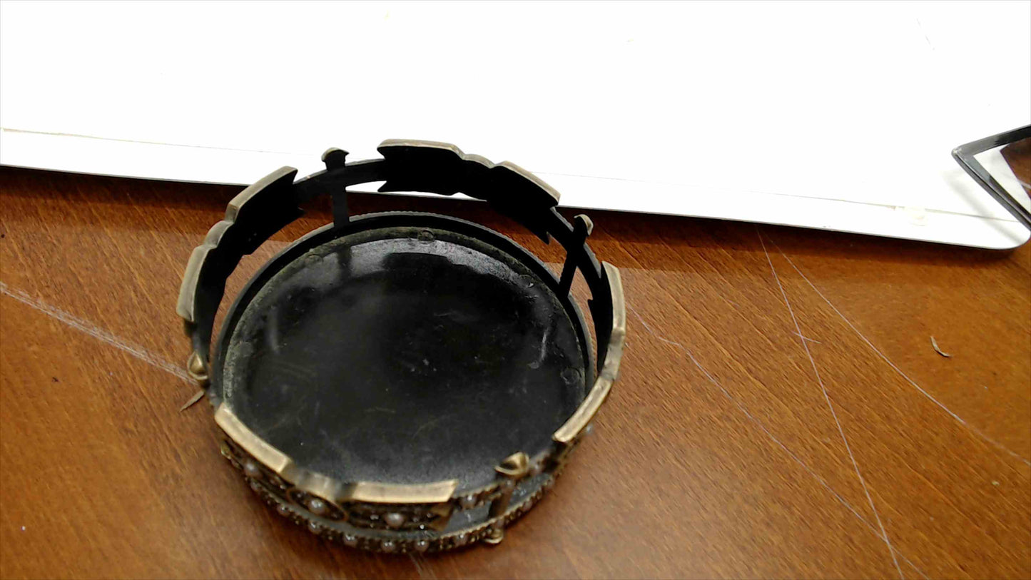 Decorative Black Lacquer & Brass-Tone Ring Dish with Rhinestone & Pearl Bead Surround — 4" Wide