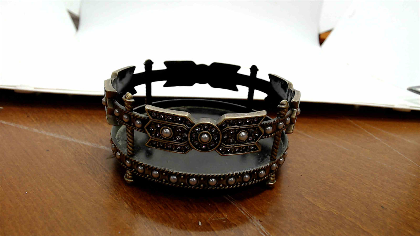 Decorative Black Lacquer & Brass-Tone Ring Dish with Rhinestone & Pearl Bead Surround — 4" Wide