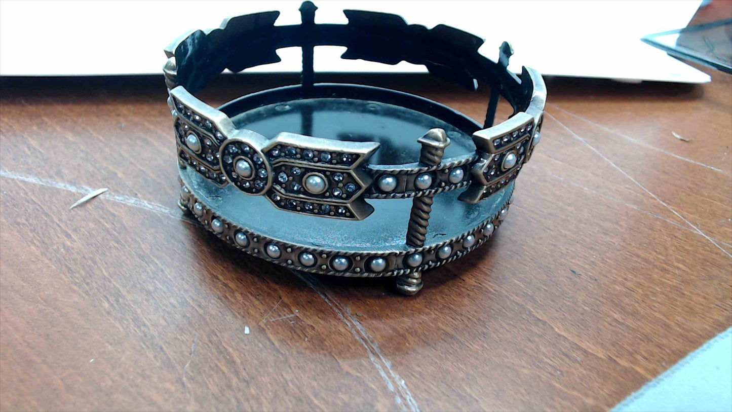 Decorative Black Lacquer & Brass-Tone Ring Dish with Rhinestone & Pearl Bead Surround — 4" Wide