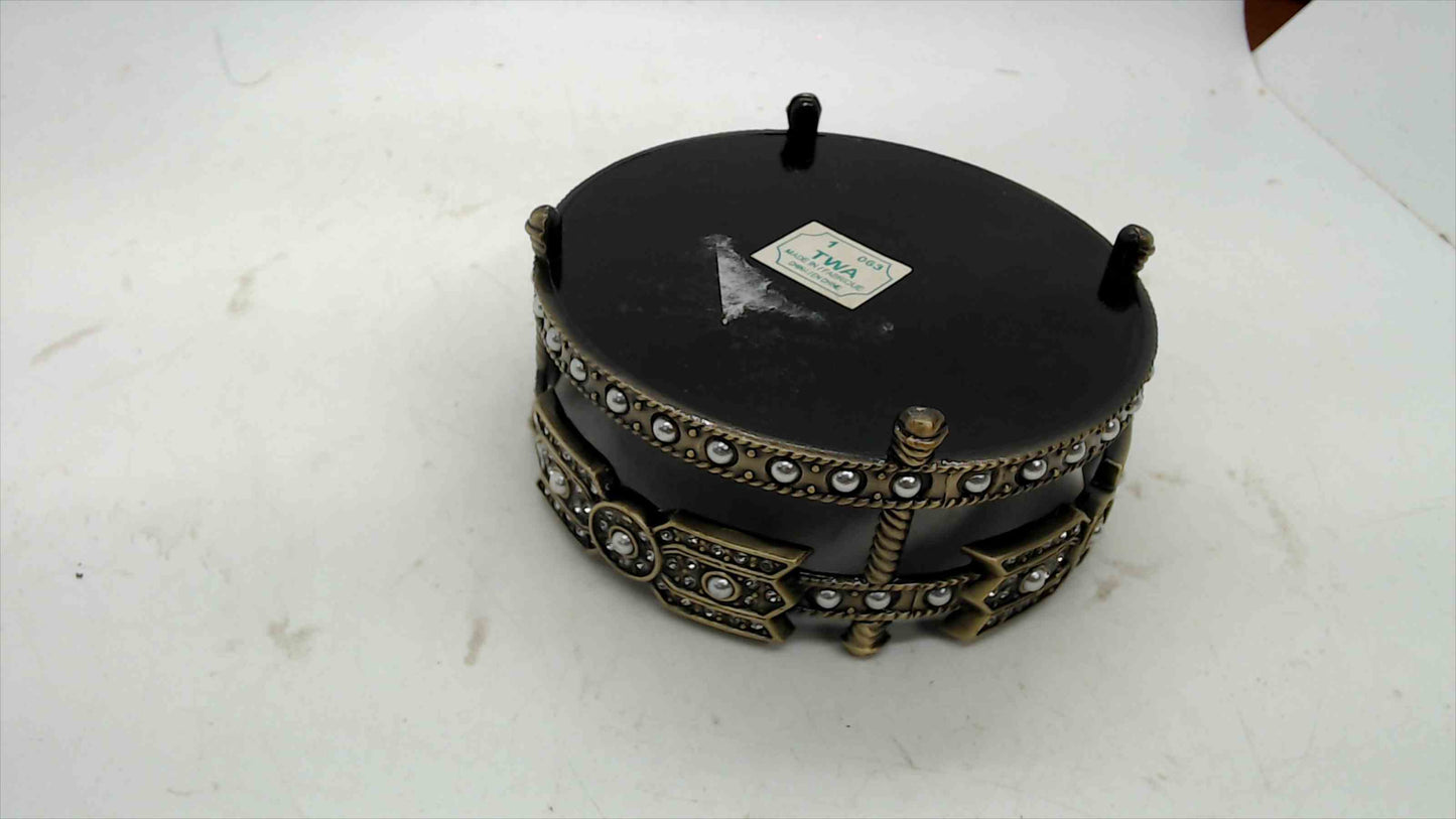 Decorative Black Lacquer & Brass-Tone Ring Dish with Rhinestone & Pearl Bead Surround — 4" Wide