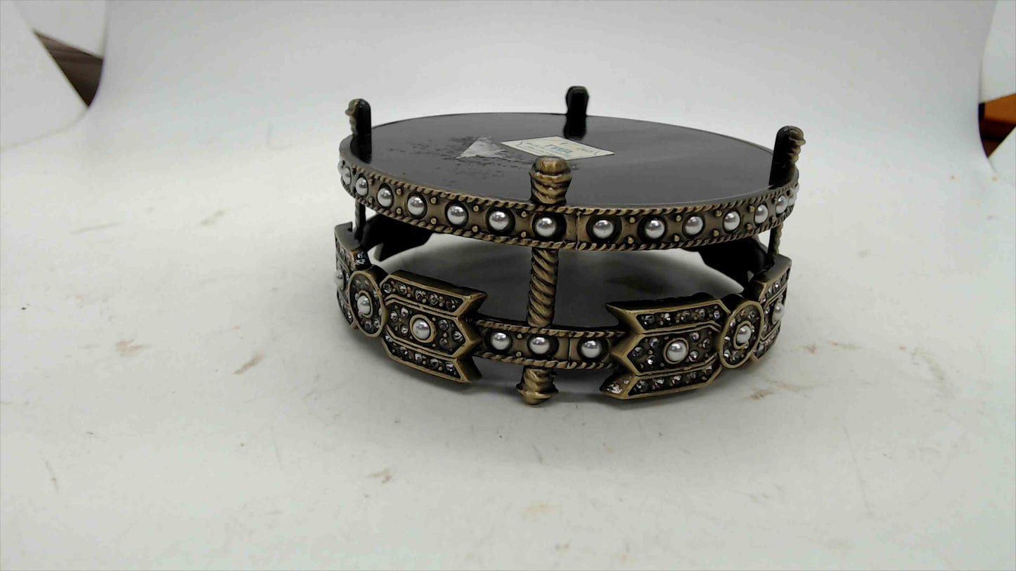 Decorative Black Lacquer & Brass-Tone Ring Dish with Rhinestone & Pearl Bead Surround — 4" Wide