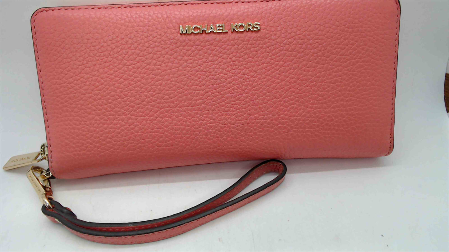 Michael Kors Coral Pink Pebbled Leather Zip-Around Continental Wallet Wristlet — Gold-Tone Hardware, 8.5"