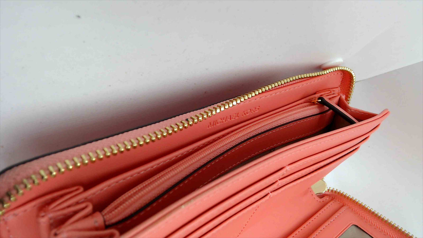Michael Kors Coral Pink Pebbled Leather Zip-Around Continental Wallet Wristlet — Gold-Tone Hardware, 8.5"