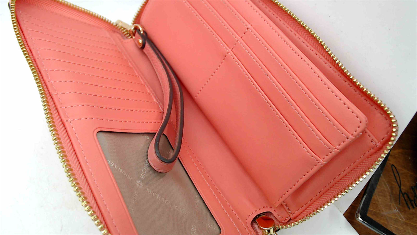 Michael Kors Coral Pink Pebbled Leather Zip-Around Continental Wallet Wristlet — Gold-Tone Hardware, 8.5"