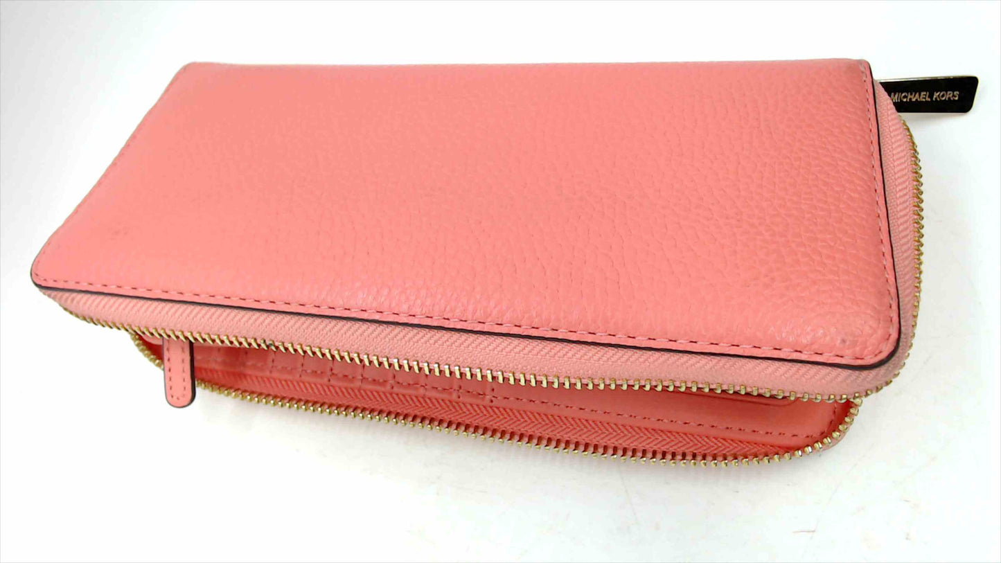 Michael Kors Coral Pink Pebbled Leather Zip-Around Continental Wallet Wristlet — Gold-Tone Hardware, 8.5"