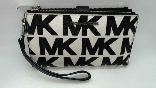 Michael Kors Black & White Oversized MK Logo Double-Zip Wristlet Wallet — Silver-Tone Hardware, 7.5"