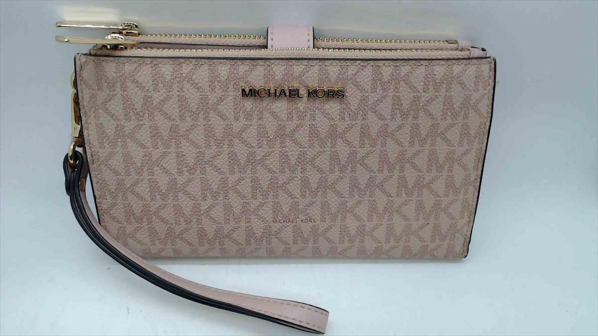 Michael Kors Blush Pink MK Signature Logo Double-Zip Wristlet Wallet — Gold-Tone Hardware, 7.5"