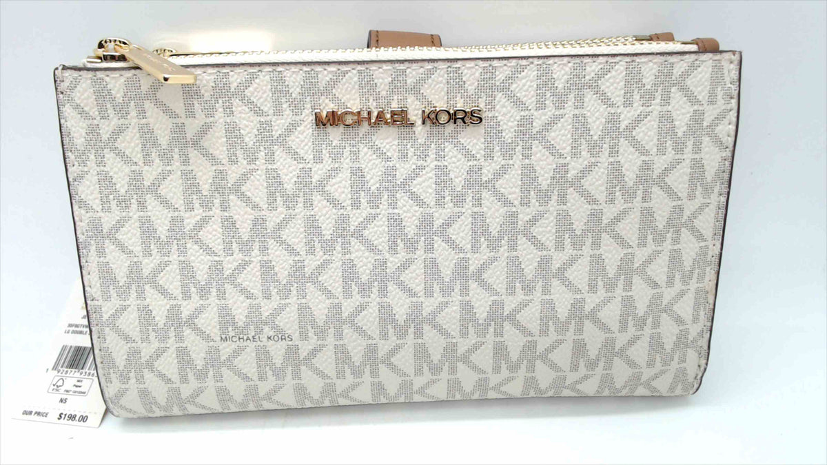 Michael Kors Jet Set Travel Large Double-Zip Wristlet — Vanilla MK Signature Logo, Gold Hardware, NWT, 7.5"