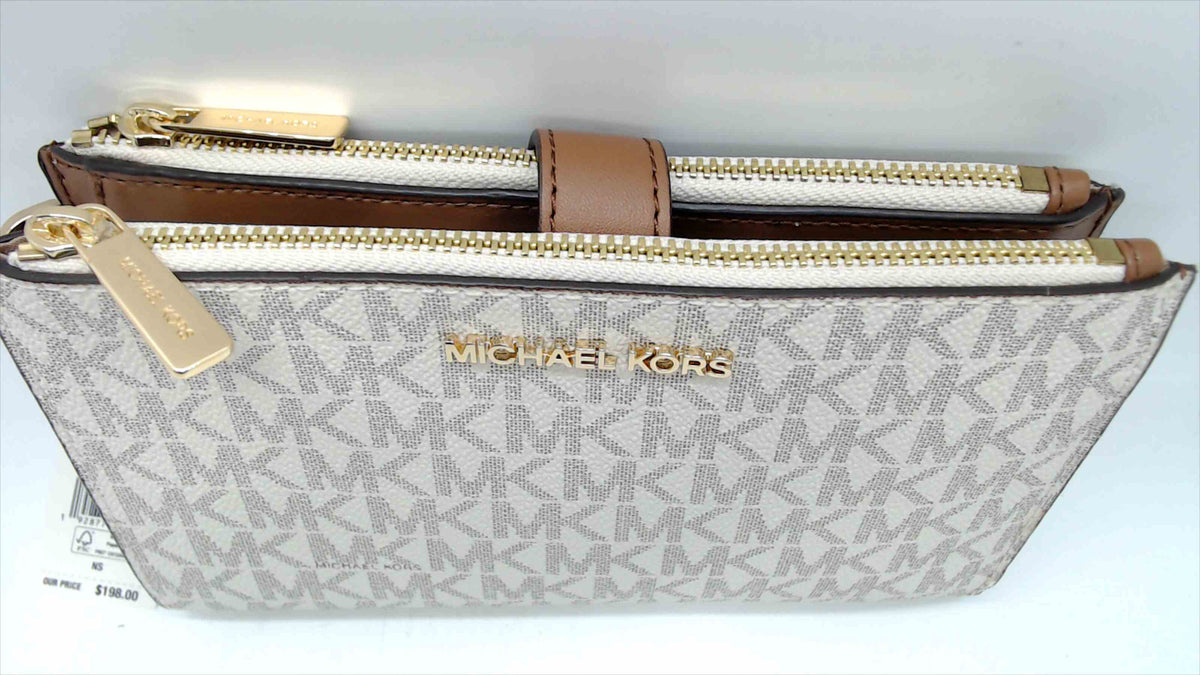 Michael Kors Jet Set Travel Large Double-Zip Wristlet — Vanilla MK Signature Logo, Gold Hardware, NWT, 7.5"