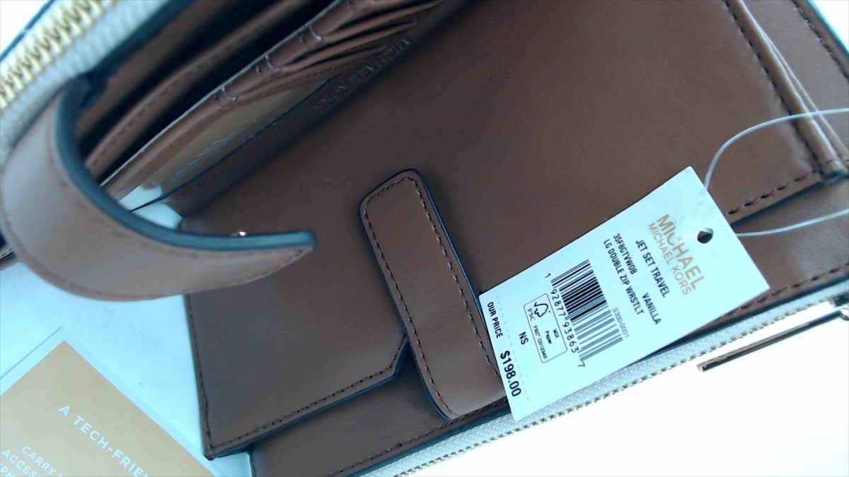 Michael Kors Jet Set Travel Large Double-Zip Wristlet — Vanilla MK Signature Logo, Gold Hardware, NWT, 7.5"