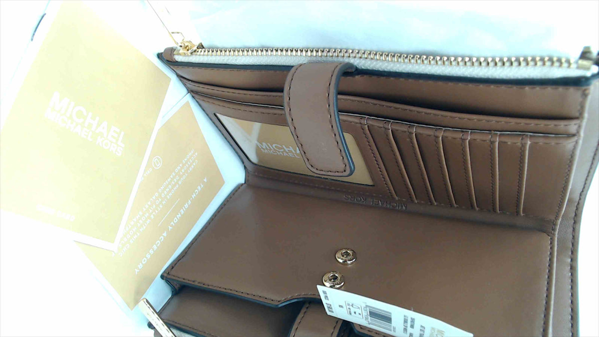 Michael Kors Jet Set Travel Large Double-Zip Wristlet — Vanilla MK Signature Logo, Gold Hardware, NWT, 7.5"