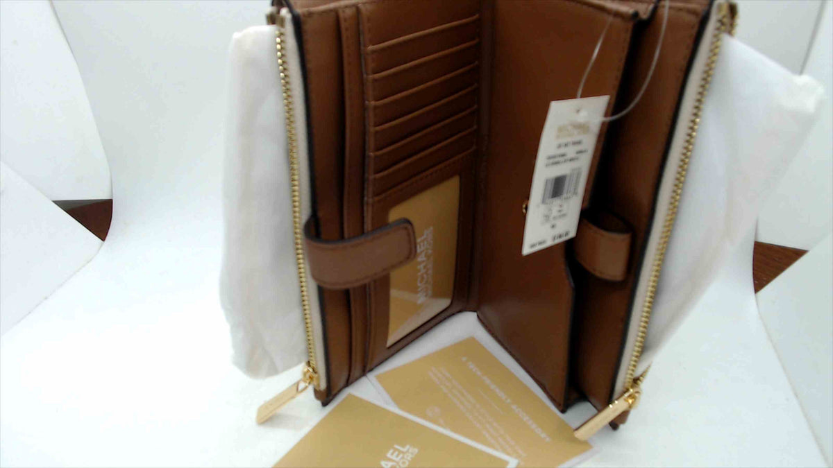 Michael Kors Jet Set Travel Large Double-Zip Wristlet — Vanilla MK Signature Logo, Gold Hardware, NWT, 7.5"