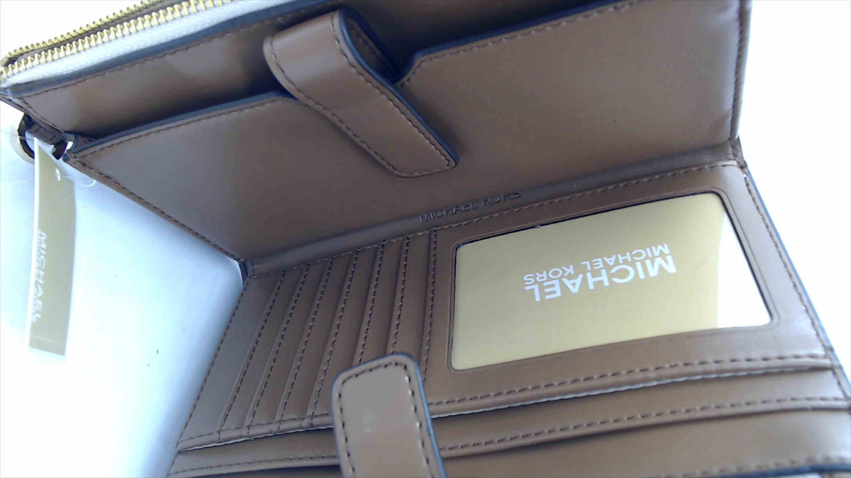 Michael Kors Jet Set Travel Large Double-Zip Wristlet — Vanilla MK Signature Logo, Gold Hardware, NWT, 7.5"