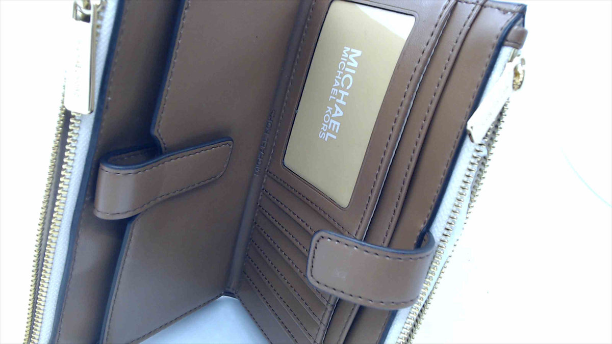 Michael Kors Jet Set Travel Large Double-Zip Wristlet — Vanilla MK Signature Logo, Gold Hardware, NWT, 7.5"