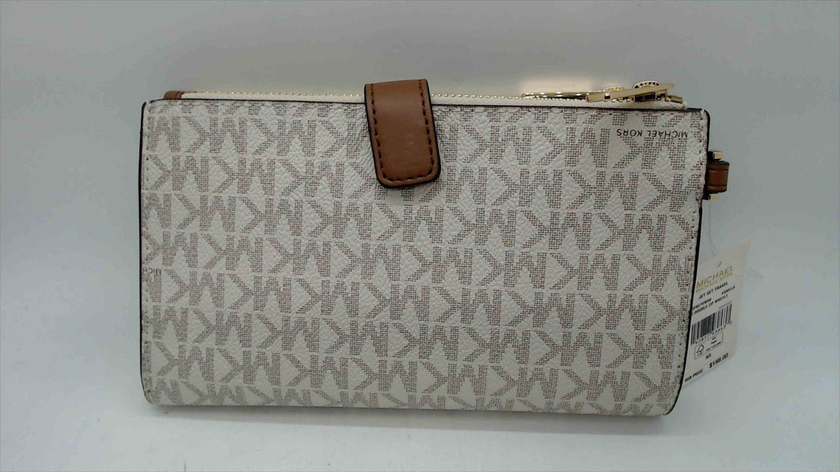 Michael Kors Jet Set Travel Large Double-Zip Wristlet — Vanilla MK Signature Logo, Gold Hardware, NWT, 7.5"