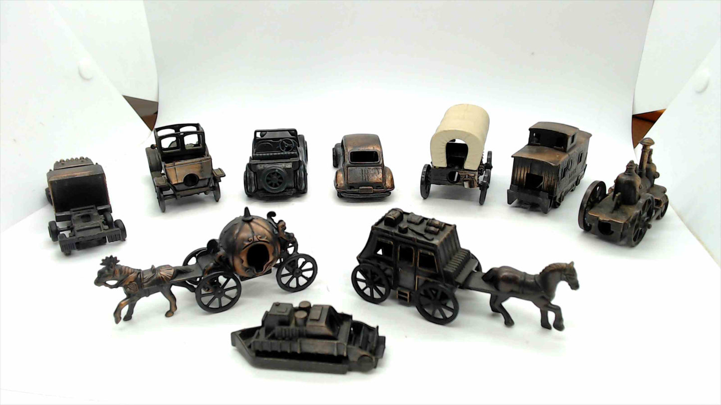 Lot of 10 Miniature Bronze Tone Mini Vehicle Pencil Sharpeners Cars Trucks Buggy Trains