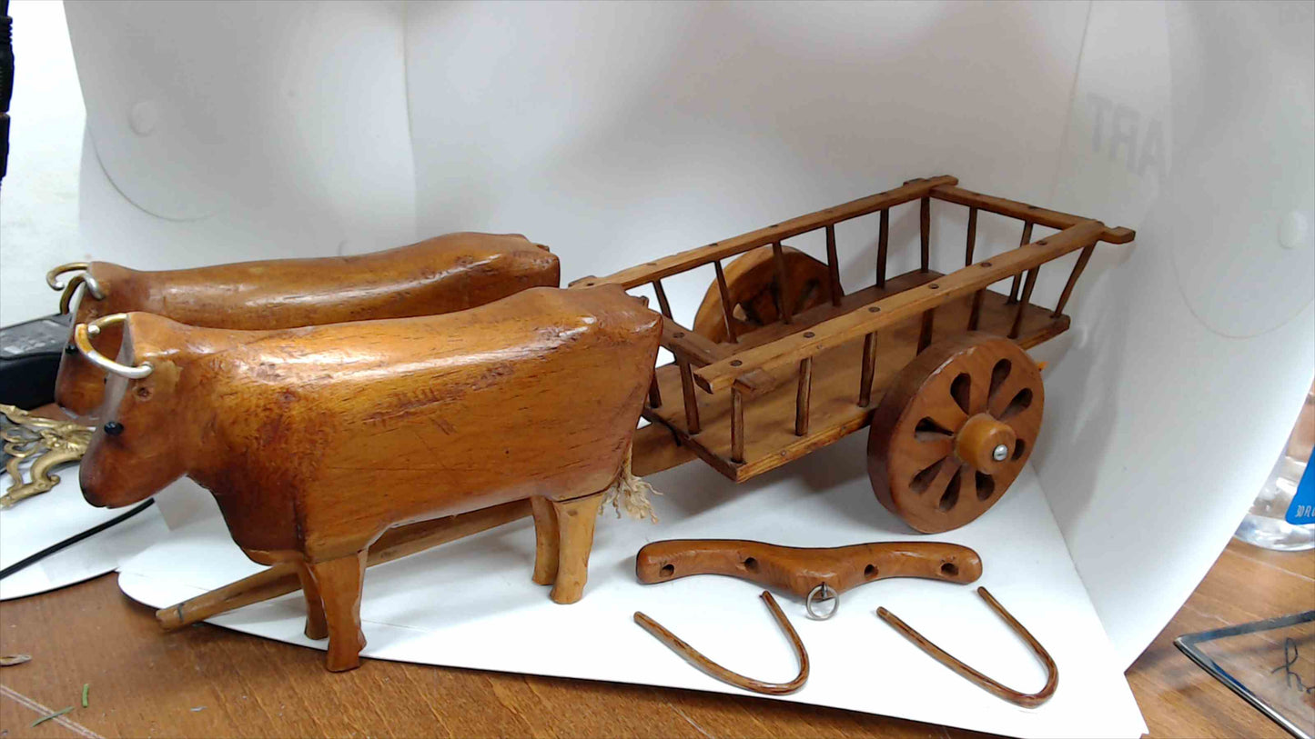 Vintage Hand-Carved Wooden Double Ox Cart Folk Art Model with Yoke & Harness Hardware