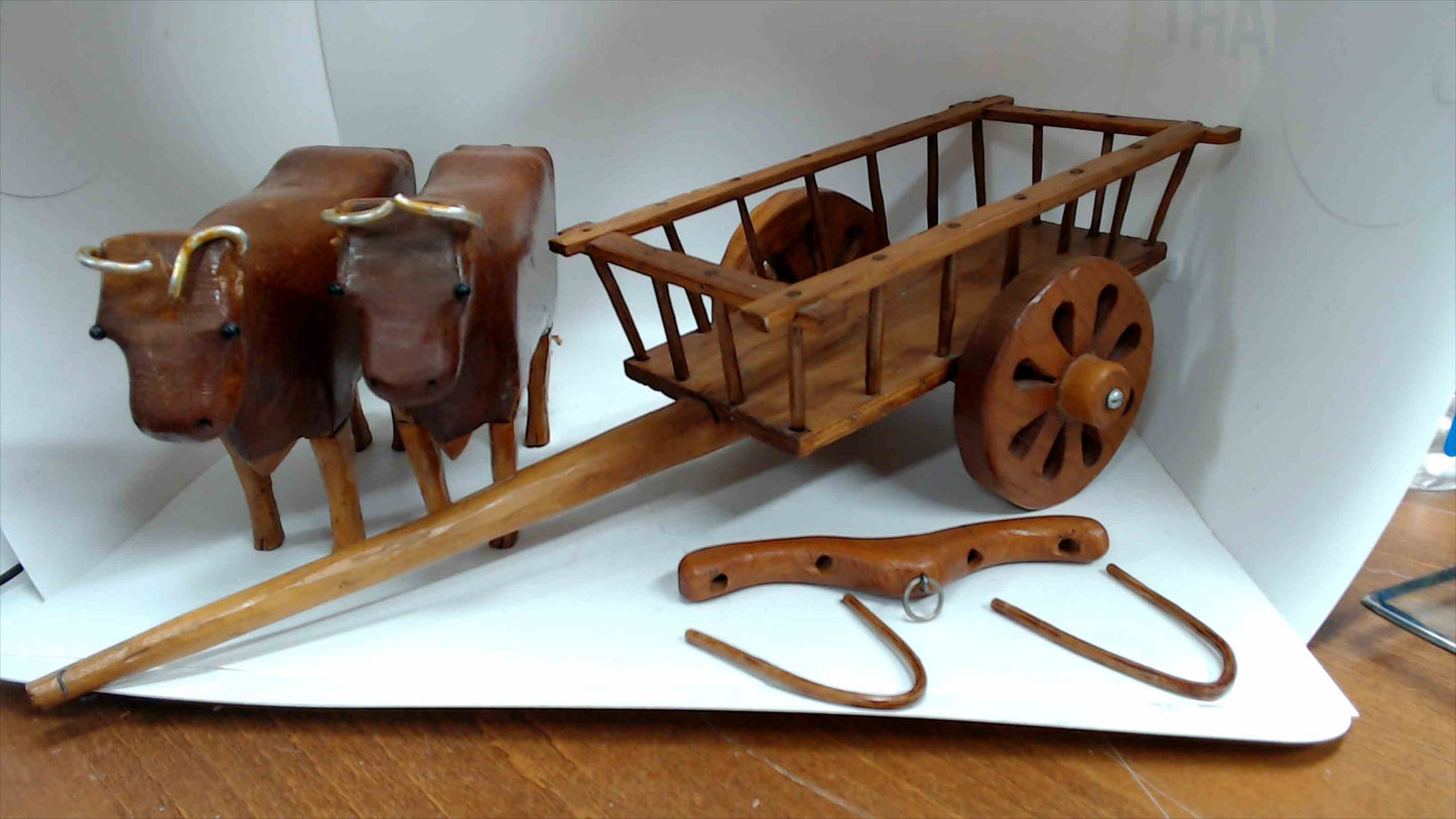 Vintage Hand-Carved Wooden Double Ox Cart Folk Art Model with Yoke & Harness Hardware