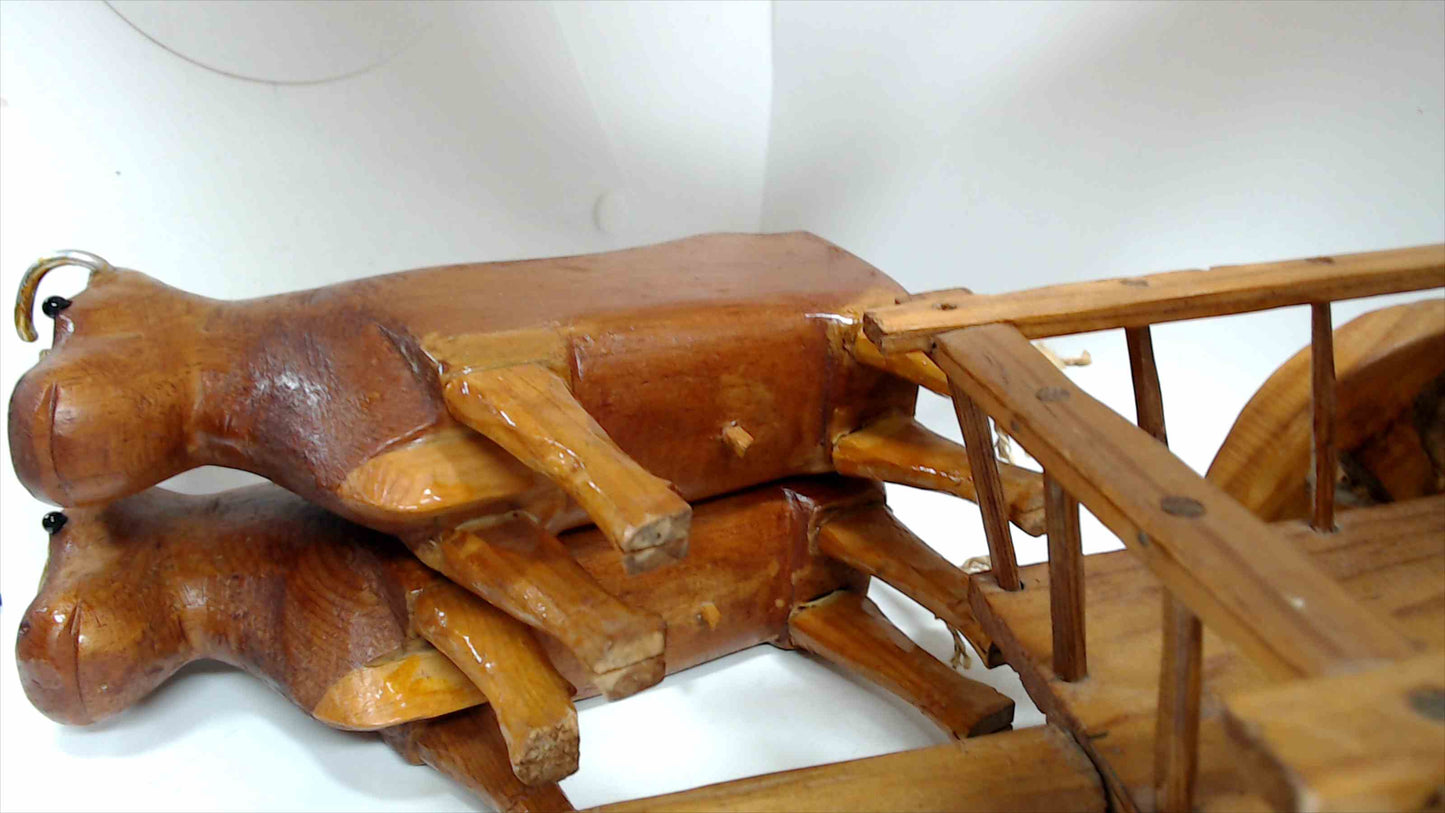 Vintage Hand-Carved Wooden Double Ox Cart Folk Art Model with Yoke & Harness Hardware