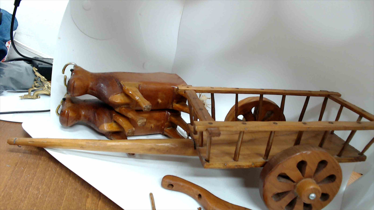 Vintage Hand-Carved Wooden Double Ox Cart Folk Art Model with Yoke & Harness Hardware