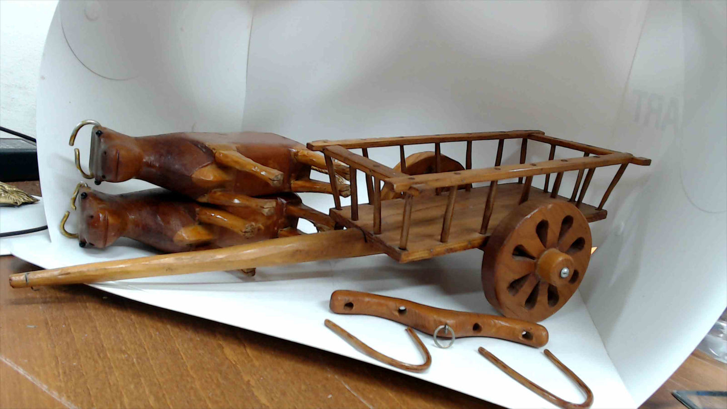 Vintage Hand-Carved Wooden Double Ox Cart Folk Art Model with Yoke & Harness Hardware