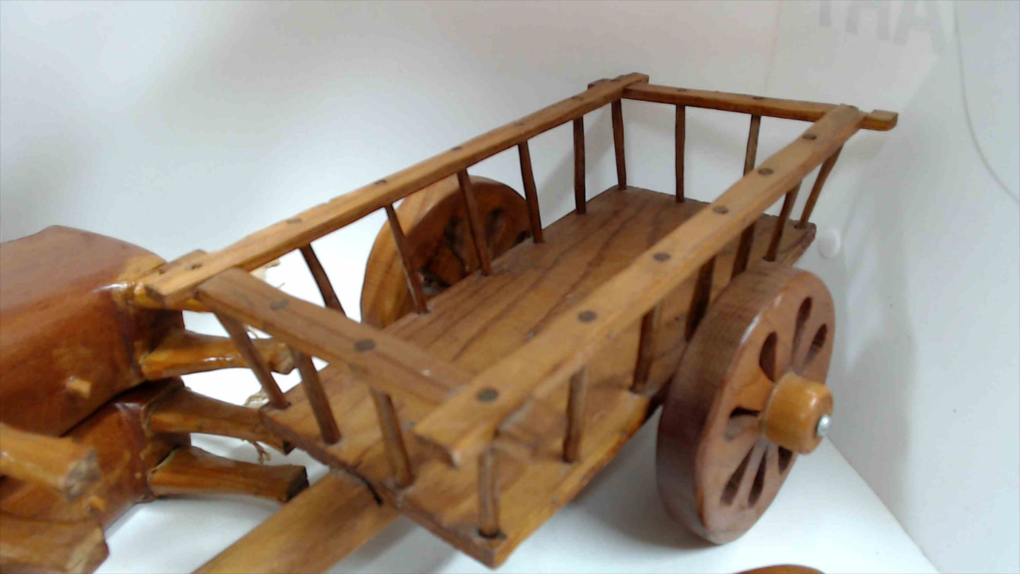 Vintage Hand-Carved Wooden Double Ox Cart Folk Art Model with Yoke & Harness Hardware