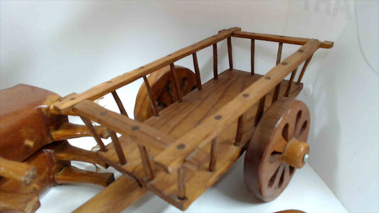 Vintage Hand-Carved Wooden Double Ox Cart Folk Art Model with Yoke & Harness Hardware