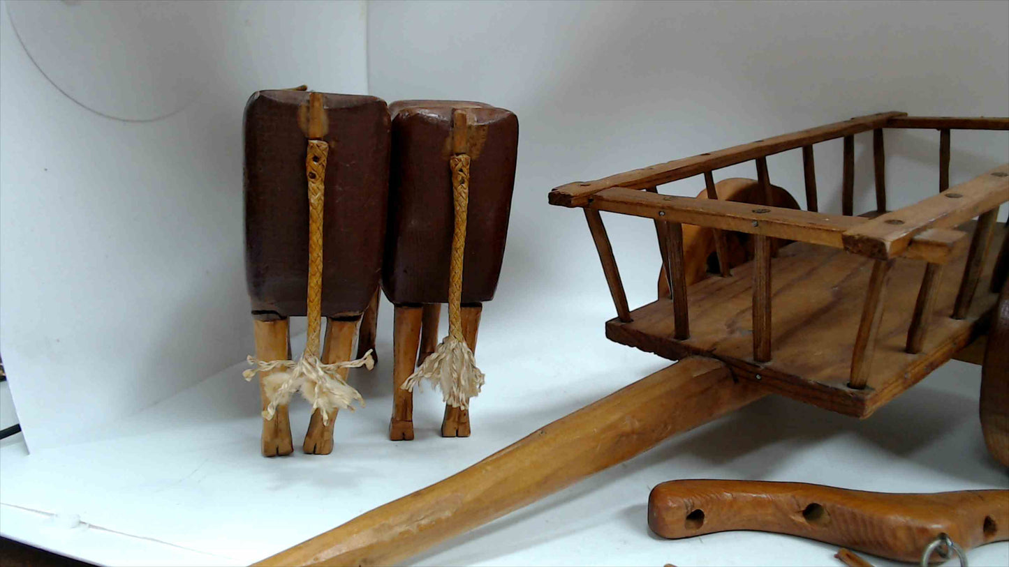 Vintage Hand-Carved Wooden Double Ox Cart Folk Art Model with Yoke & Harness Hardware