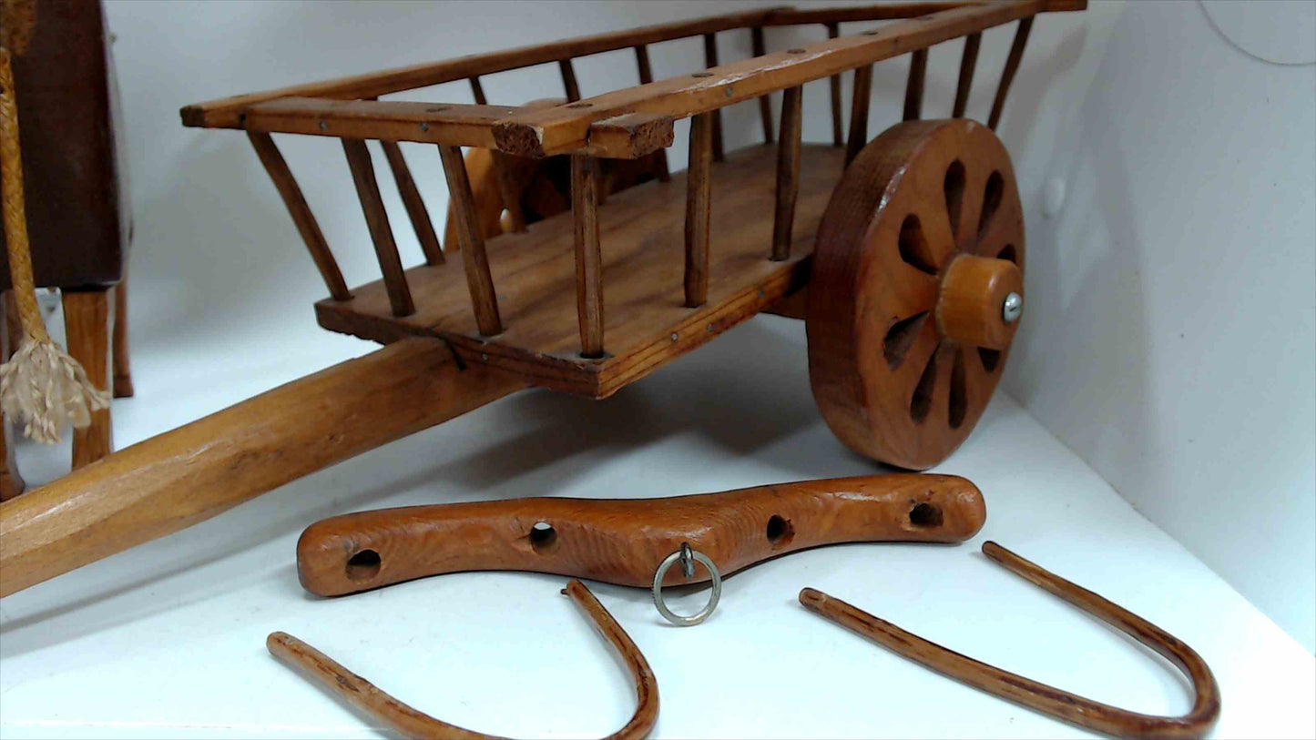 Vintage Hand-Carved Wooden Double Ox Cart Folk Art Model with Yoke & Harness Hardware