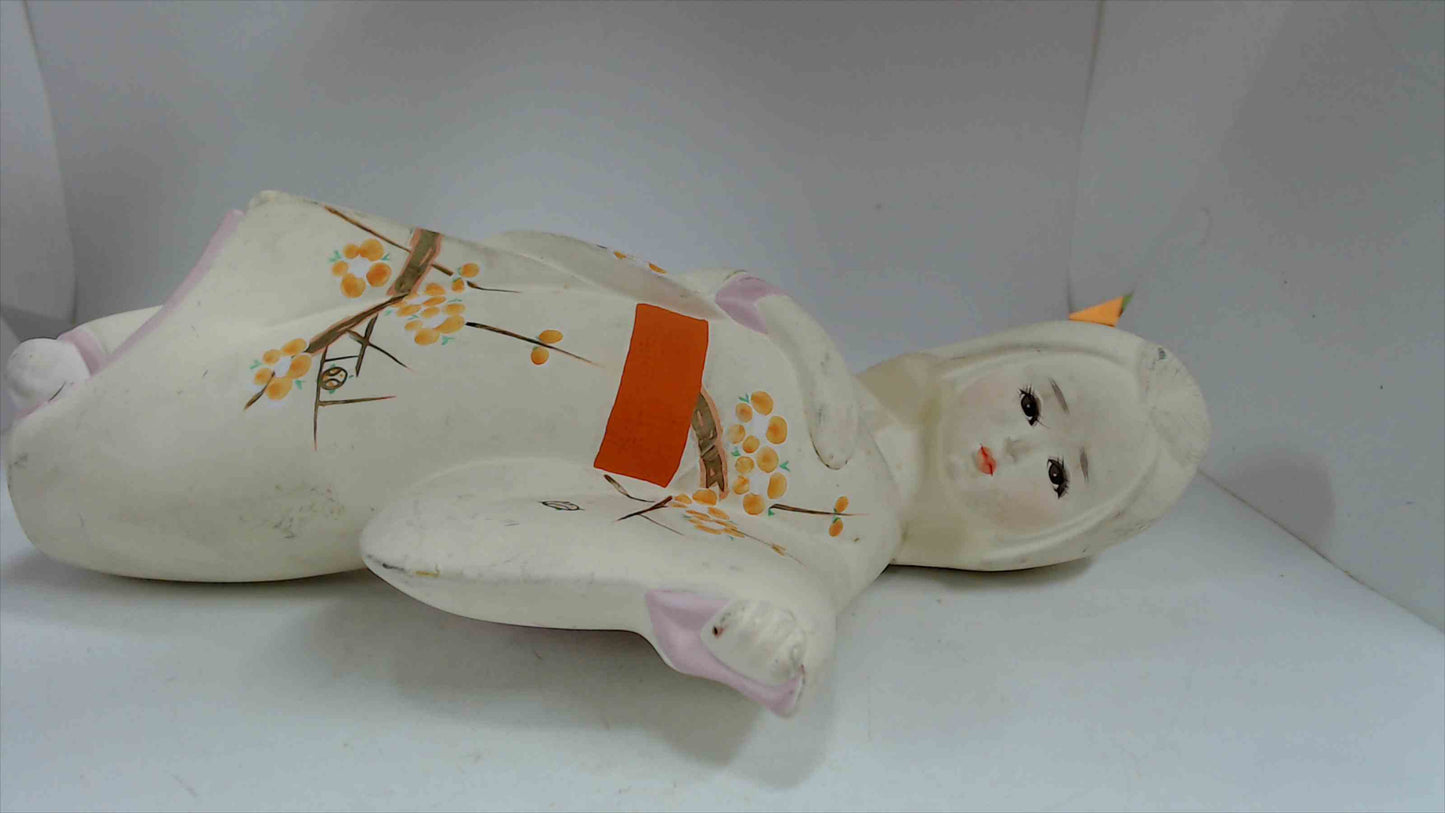 Vintage Japanese Hakata-Style Geisha Doll in White Cherry Blossom Kimono with Orange Obi