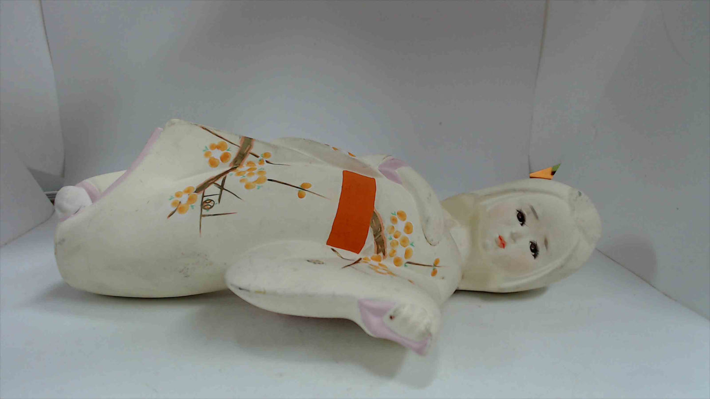 Vintage Japanese Hakata-Style Geisha Doll in White Cherry Blossom Kimono with Orange Obi