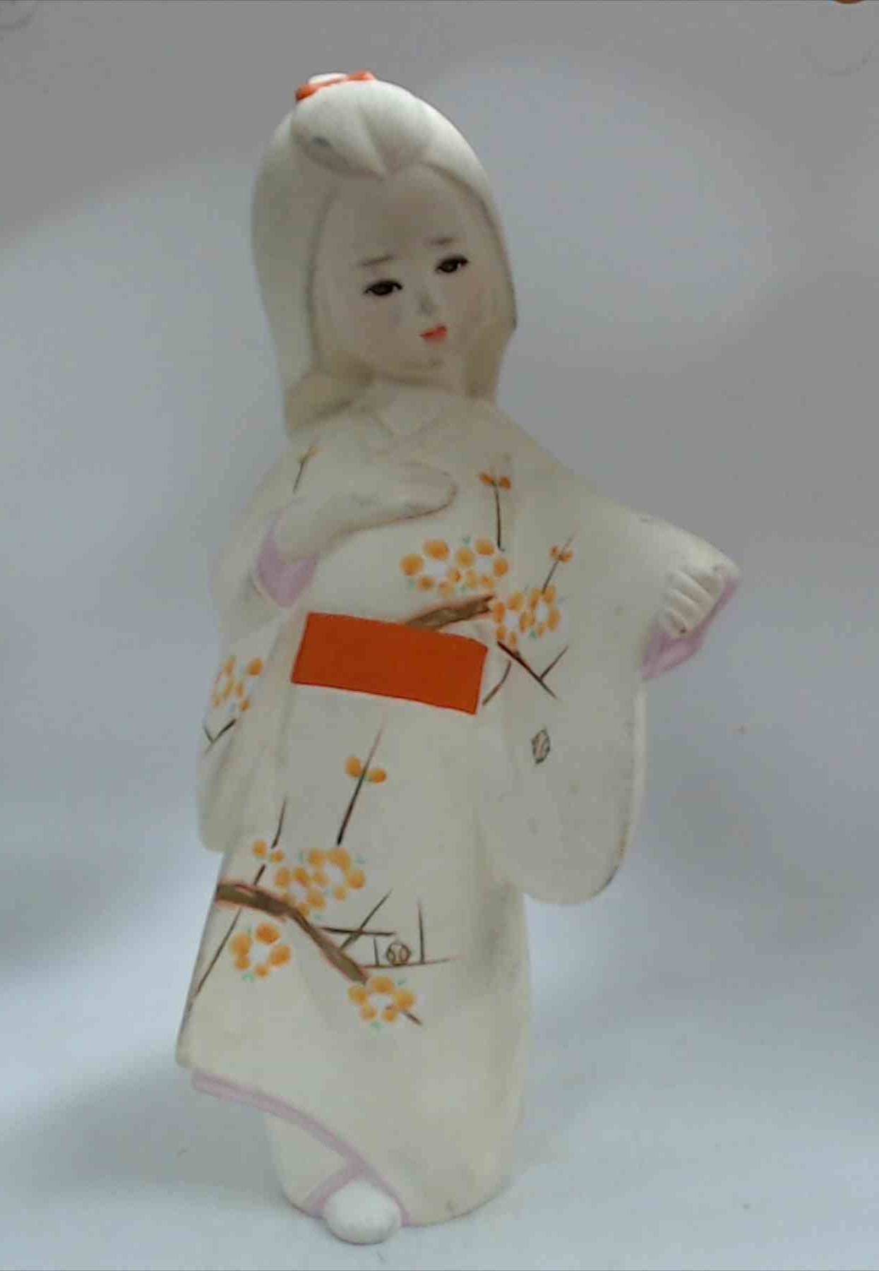 Vintage Japanese Hakata-Style Geisha Doll in White Cherry Blossom Kimono with Orange Obi