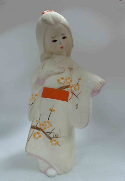 Vintage Japanese Hakata-Style Geisha Doll in White Cherry Blossom Kimono with Orange Obi